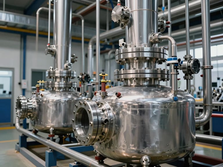 High-contrast industrial daylight shot of stainless steel chemical reactor valves and piping inside a clean, modern manufacturing facility.