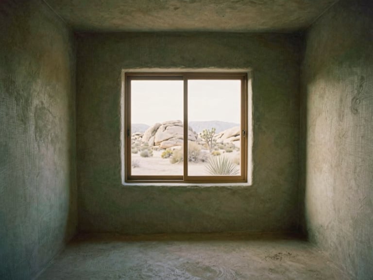 Interior of a clay-walled desert retreat in Joshua Tree, minimalist design, linen textiles, soft morning light