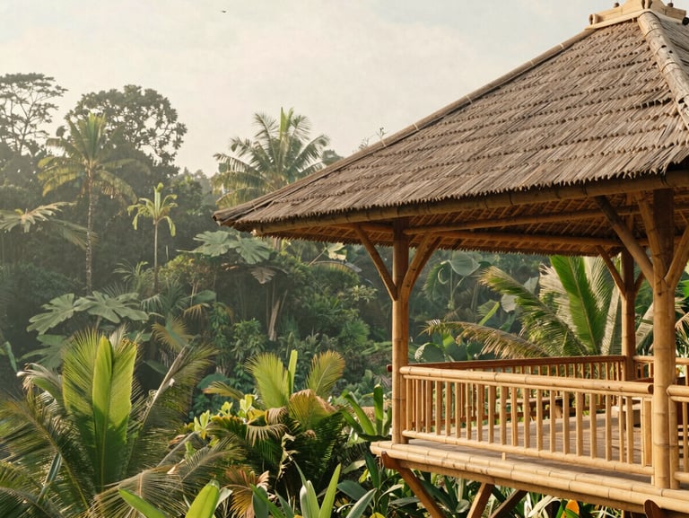 Breathtaking view of a bamboo pavilion in Bali, open-air design, lush tropical foliage, soft diffused light