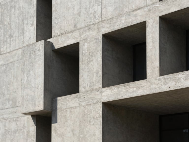 Raw concrete facade with hard graphic shadows under direct sunlight, sharp architectural lines