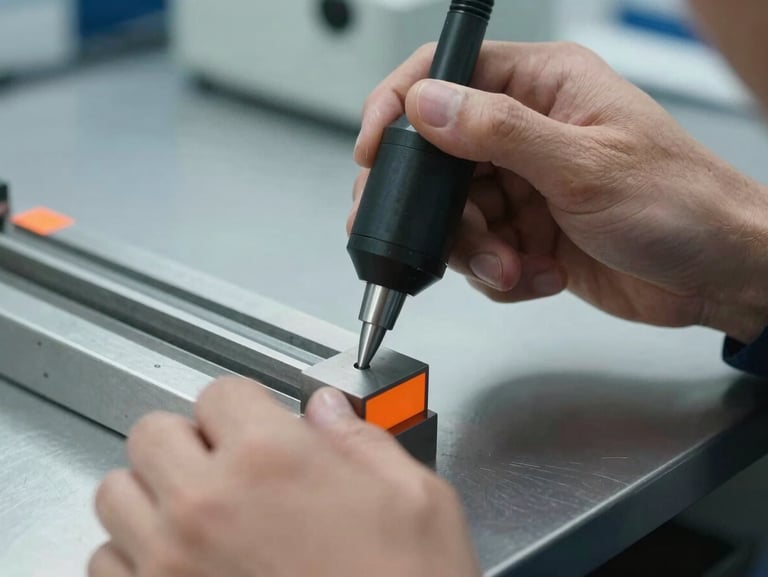 Extreme close-up of a calibration technician's hands positioning an ultrasonic probe against a stepped reference block on a steel bench, cool north-facing daylight, sharp focus on the probe contact point, safety-orange calibration sticker visible on the block edge
