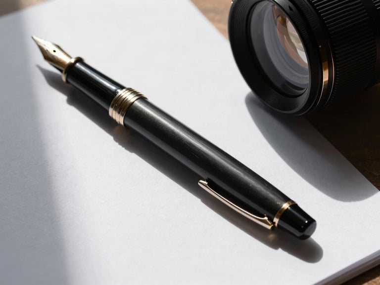 Quiet executive preparation, a heavy fountain pen resting on thick cotton paper, sharp side light, deep shadows