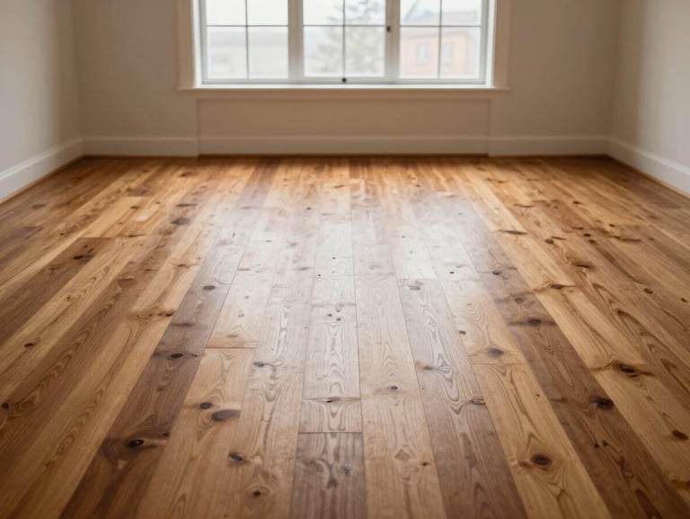 Wide environmental shot of a completed empty room with freshly refinished medium-toned oak hardwood floors glowing under soft diffused daylight from a large window at the far wall, no furniture, no decor, the floor itself the sole subject, shot from a standing eye-level angle showing the full length of the planks