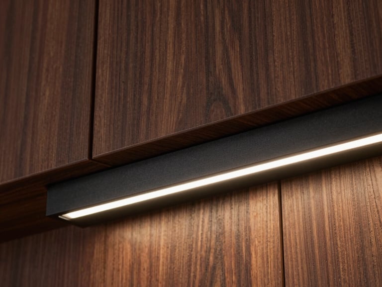 Extreme close-up of a sleek black aluminum LED profile recessed into dark walnut wood paneling, crisp warm light illuminating the rich wood grain, architectural detail, premium lighting design.