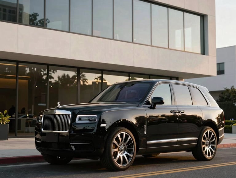 Immaculate black luxury SUV parked in front of a modern minimalist office building in Beverly Hills, sharp golden hour lighting.