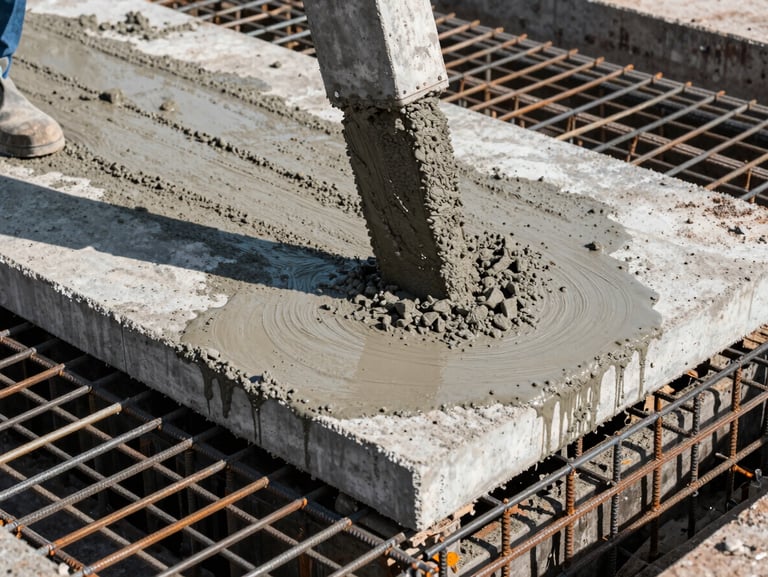Massive concrete foundation slab being poured over dense steel cages, wet concrete spreading, sharp geometric shadows.