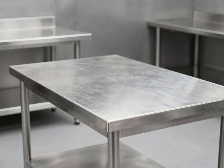 empty commercial kitchen stainless steel worktable, clean minimalist lines, architectural precision, 50mm