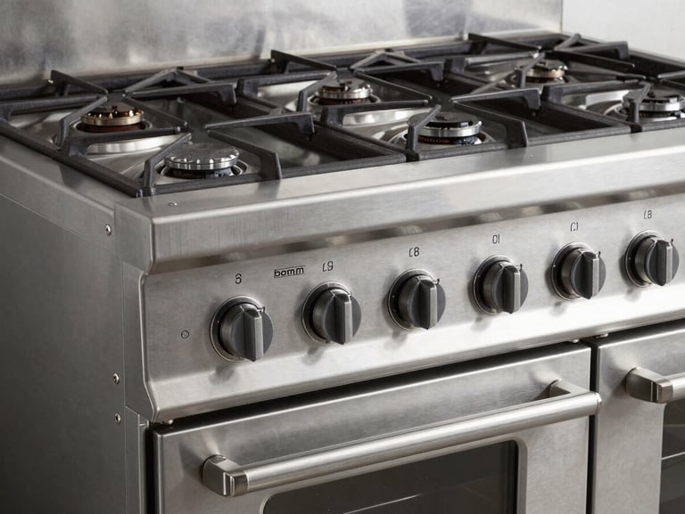 industrial heavy-duty gas range, brushed stainless steel, commercial kitchen, technical product photography, 50mm