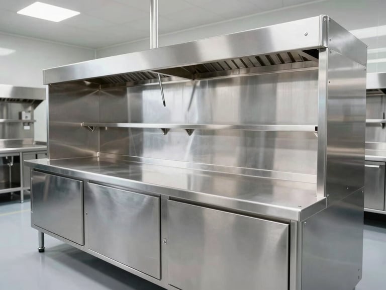 Wide-angle crisp industrial shot of a sterile hospital kitchen facility, heavy-gauge brushed stainless steel preparation units, clean architectural lines, bright metallic reflections, 50mm