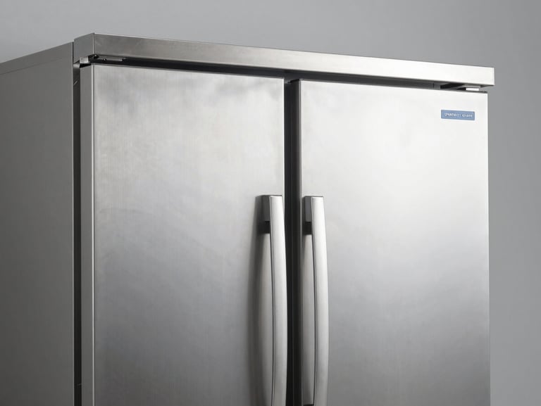 commercial upright double-door refrigerator, pristine stainless steel, metallic reflections, cold lighting, 50mm
