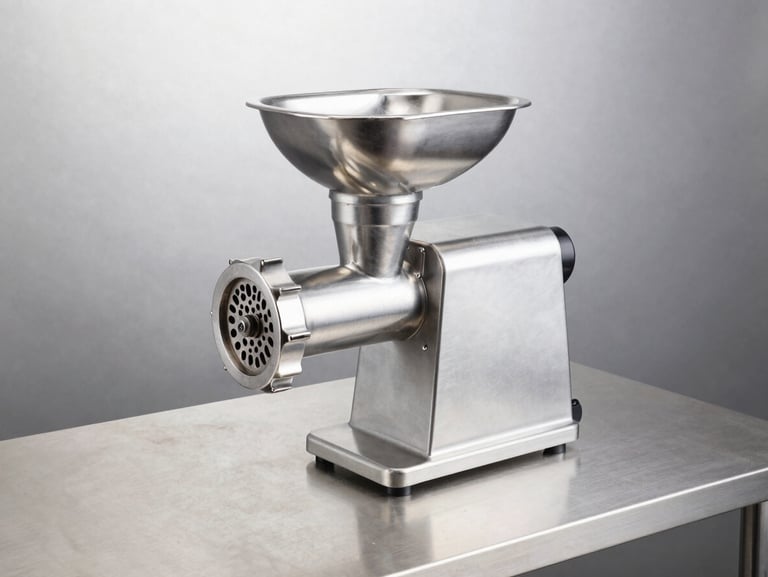 stainless steel commercial meat grinder and prep table, clean industrial design, sharp metal reflections, 50mm