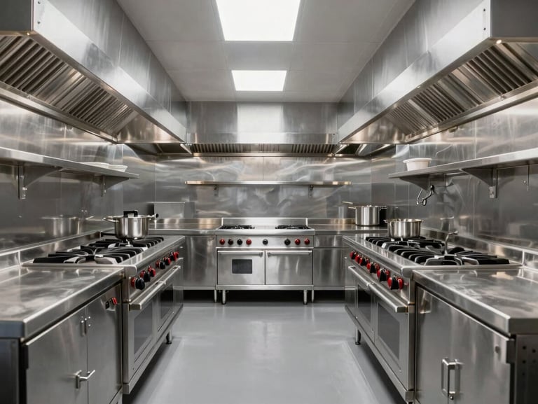 Symmetrical architectural wide shot of an empty commercial hotel kitchen, pristine laser-welded stainless steel countertops, heavy-duty cooktops, cool metallic lighting, high contrast, 50mm