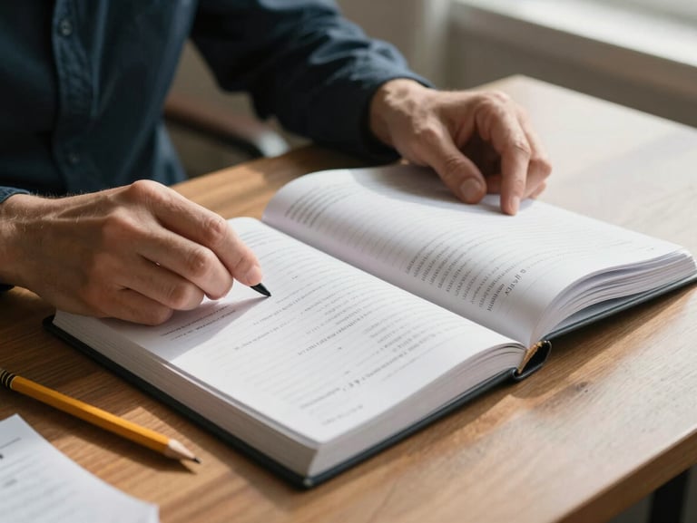 Close-up of hands turning pages of a printed investment ledger on a wooden desk, natural afternoon window light casting soft shadows, a pencil resting beside handwritten margin notes, documentary framing