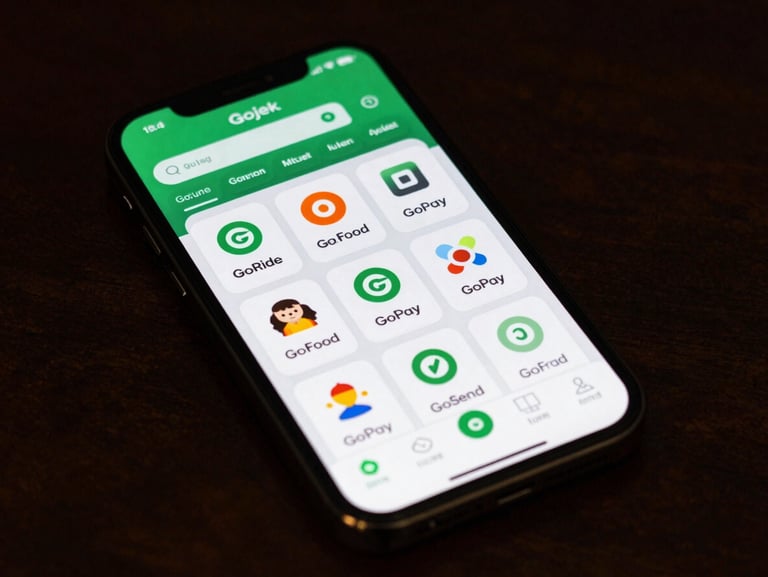 Close-up overhead flat-lay of a smartphone screen displaying a Gojek app status dashboard with multiple service tiles—GoRide, GoFood, GoPay, GoSend—each showing a green active indicator, sharp digital lighting, dark interface background