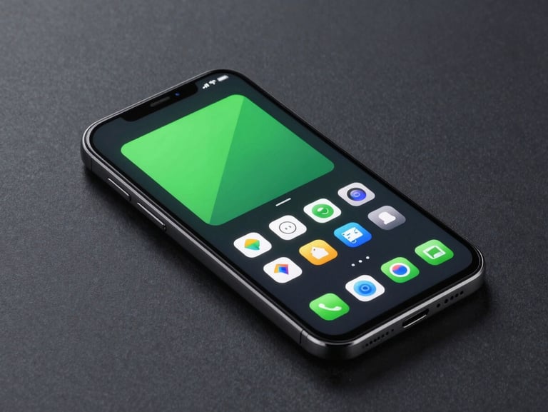 Isometric 3D render of a sleek Android phone displaying a minimalist custom launcher, glowing neon green accents on a dark matte surface