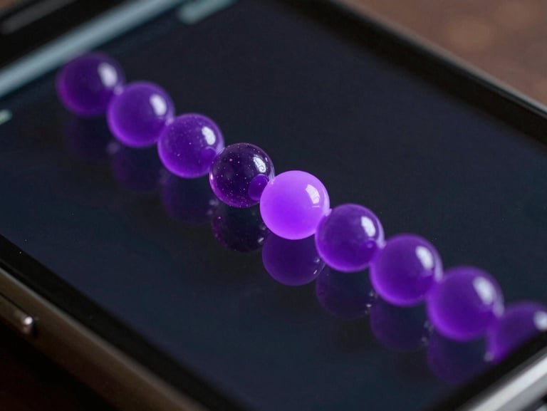 Macro close-up of a physics-based mobile puzzle game, fluid neon violet spheres colliding on a dark glass screen