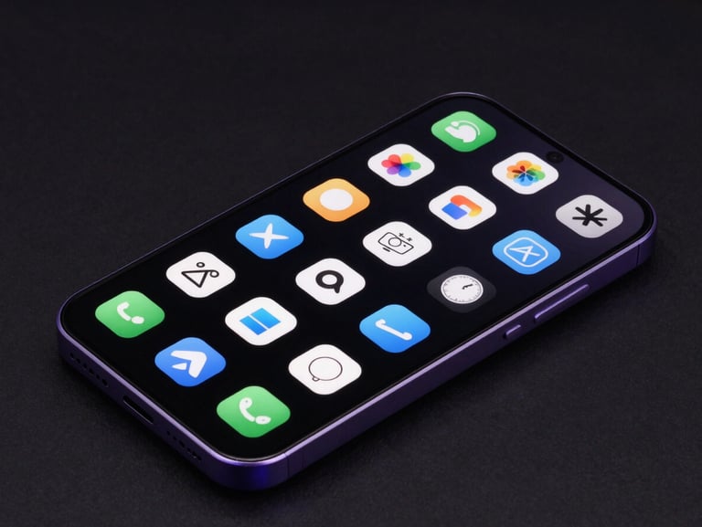 Isometric view of a custom Android home screen launcher, clean layout, minimalist app icons, deep black background with subtle violet glowing border