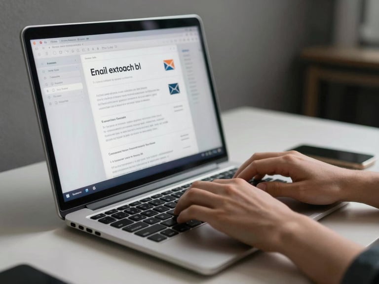 Hands typing on a keyboard at a clean desk, a browser window showing email outreach templates visible on screen, cool studio lighting, tight environmental framing, no faces