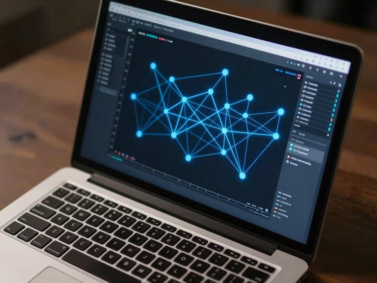 Close overhead shot of a laptop screen displaying a data network graph with blue node connections on dark background, desk surface partially visible, cool studio lighting, no people