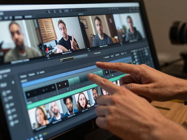 Close-up of hands reviewing playback on a monitor screen showing social media video timeline, director's fingers hovering over the edit controls, studio ambient light, no faces visible