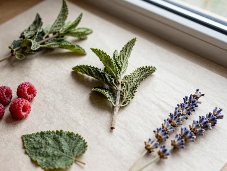 Overhead flat-lay of dried peppermint, raspberry leaf, and lavender on textured parchment, natural window light
