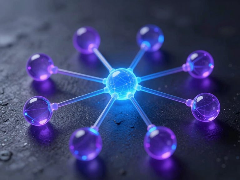 Abstract 3D nodes with glowing network connections in electric blue and purple, representing automated data flows, dark metallic background, macro lens