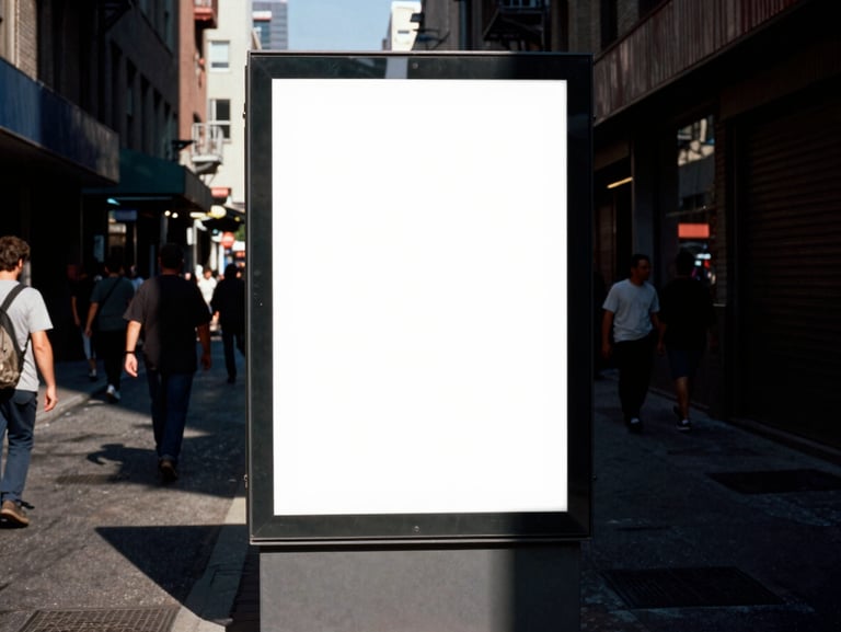 Gritty 35mm film shot of a physical billboard mockup in a crowded urban alley, high-contrast studio flash, deep shadows.