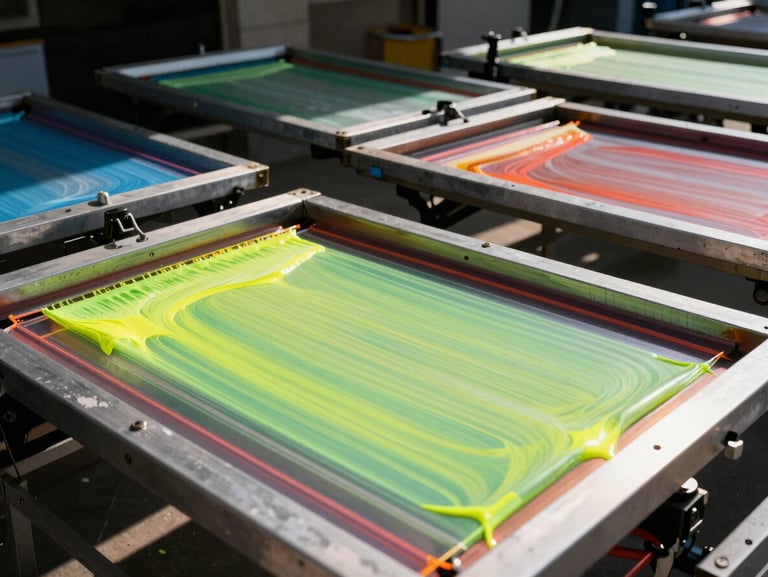 Behind-the-scenes campaign production showing screenprinting screens dripping with neon ink, harsh direct sunlight, 35mm film.
