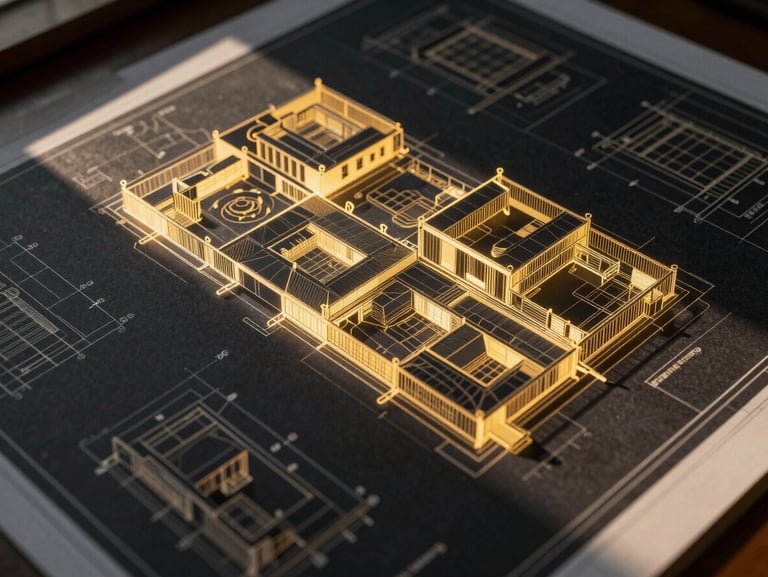 A sharp close-up of architectural blueprints overlaying a glowing digital BIM model on a screen, high-contrast charcoal and gold tones, dramatic lighting.