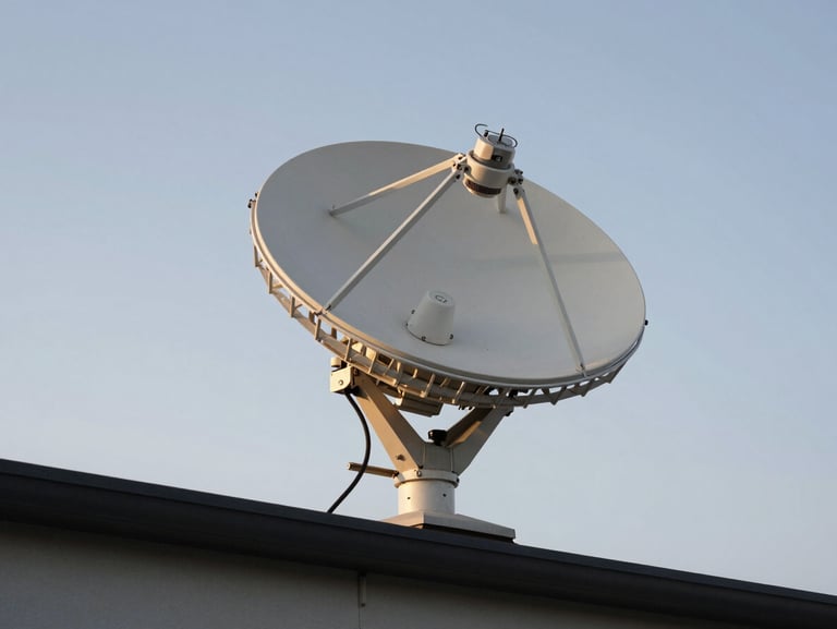 Wide-angle shot of a Starlink dish mounted on a roof bracket, clear sky behind, cable run descending along fascia, natural daylight on white dish hardware