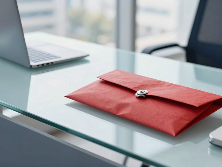 Modern professional office interior with a clean glass desk, secure delivery envelopes, bright natural daylight, corporate trust feel