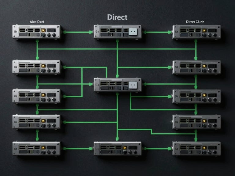 Direct flat-lay screenshot of a complex network topology diagram with clean green lines and terminal console interfaces on a dark background.