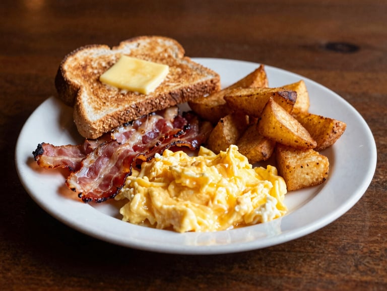 A hearty breakfast plate with fluffy scrambled eggs, thick-cut smoked bacon, golden hash browns, and buttered sourdough toast under soft morning light.
