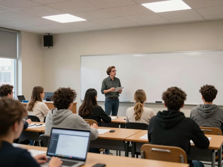 Wide shot of a workshop facilitator at a whiteboard in an ordinary classroom, mixed-age group seated and engaged, overhead fluorescent light, laptop screen visible in foreground showing a chat interface, no dramatic lighting