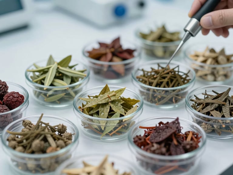 Close-up of agricultural product samples in clear containers undergoing professional laboratory grading and compliance testing under clean, bright white lighting.