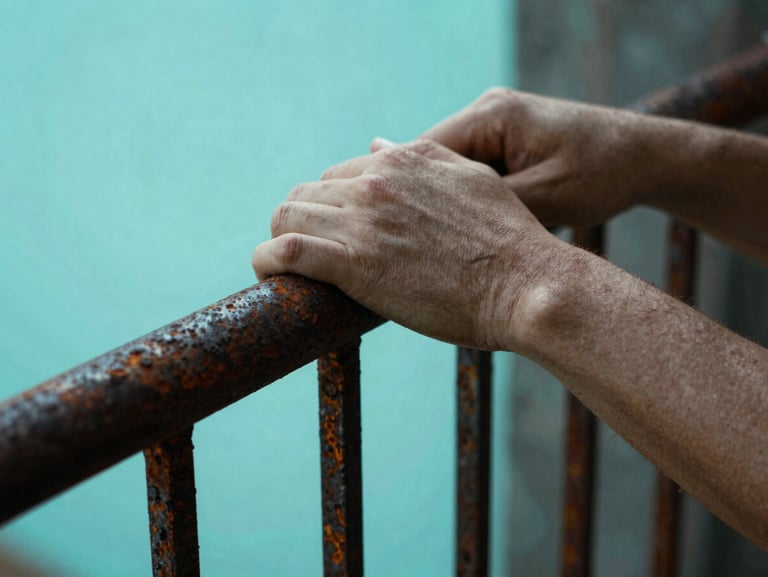 High-contrast film still of hands gripping a rusted iron railing, dramatic cyan backlighting, shallow depth of field.