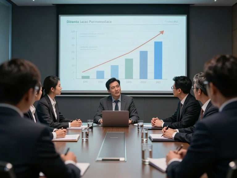 Over-the-shoulder view of a strategic business meeting in a dark, sleek boardroom, digital charts projected on the wall showing upward trajectory.