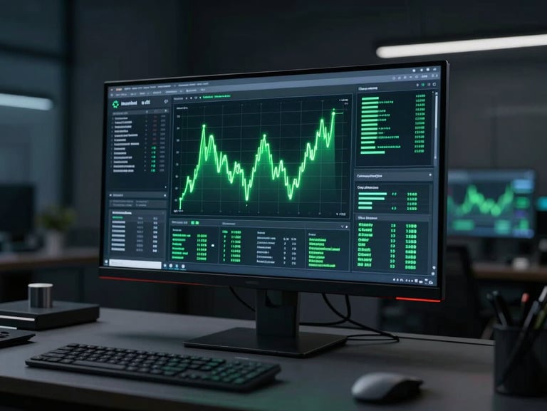 Wide cinematic shot of a high-tech dark-themed workspace at night, a single ultra-crisp analytics dashboard glowing with neon green data visualization lines on a monitor, soft ambient graphite shadows, premium tech aesthetic.