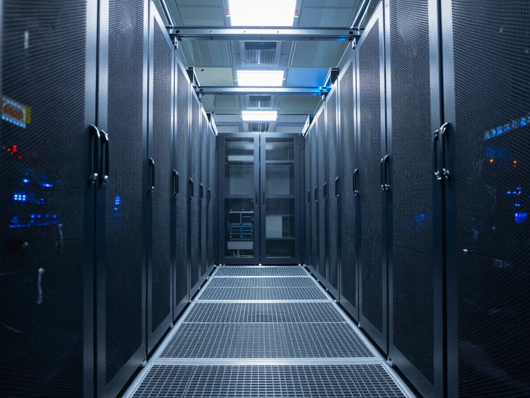 Symmetrical architectural perspective of clean server room aisles, cold blue ambient lighting, metallic floor grids, high-precision engineering.