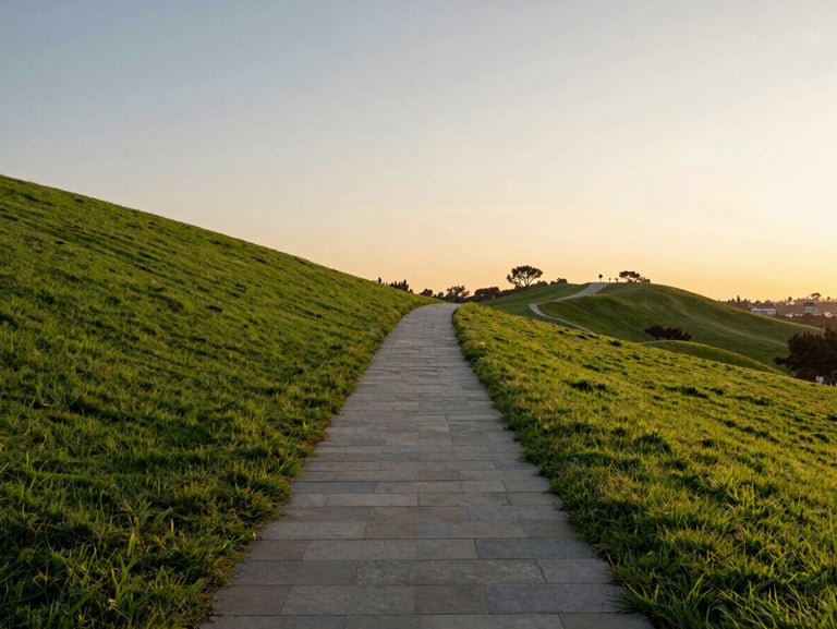 Serene and vast landscape of San Diego Hills memorial park at golden hour, elegant stone pathway leading through lush green lawns, soft warm sunlight, tranquil atmosphere.
