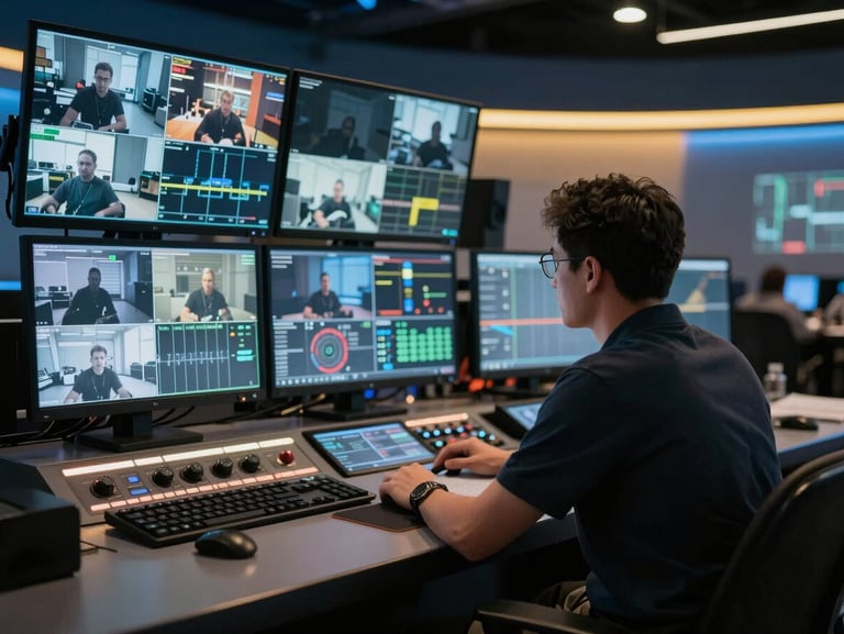 A technical director at a broadcast console, multiple glowing monitors showing live video feeds, low-key blue and gold studio lighting.