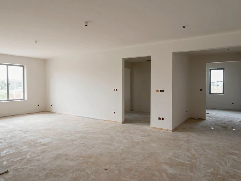 Wide environmental shot of a finished construction site showing completed rooms with tile, painted walls and installed fixtures, north-facing light, no people posing