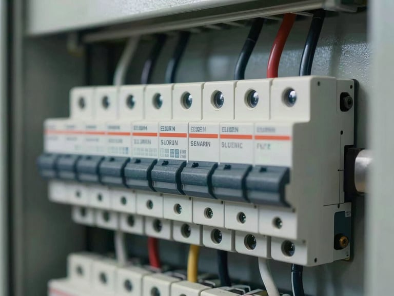 Close-up of electrical panel with circuit breakers properly labeled and wired, conduit runs visible, overcast interior light showing clean installation detail, no people