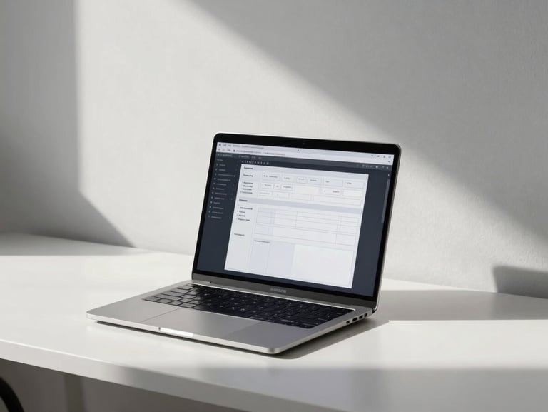 Minimalist workspace with natural light, a clean desk with a modern laptop showing structured wireframes, cool crisp studio lighting.