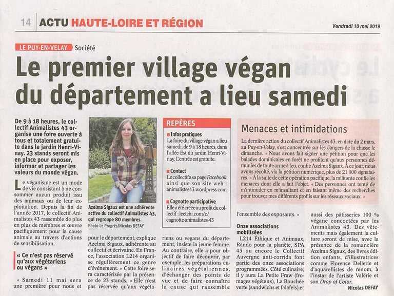 article le progrès village vegan le puy en velay azelma sigaux animalistes 43