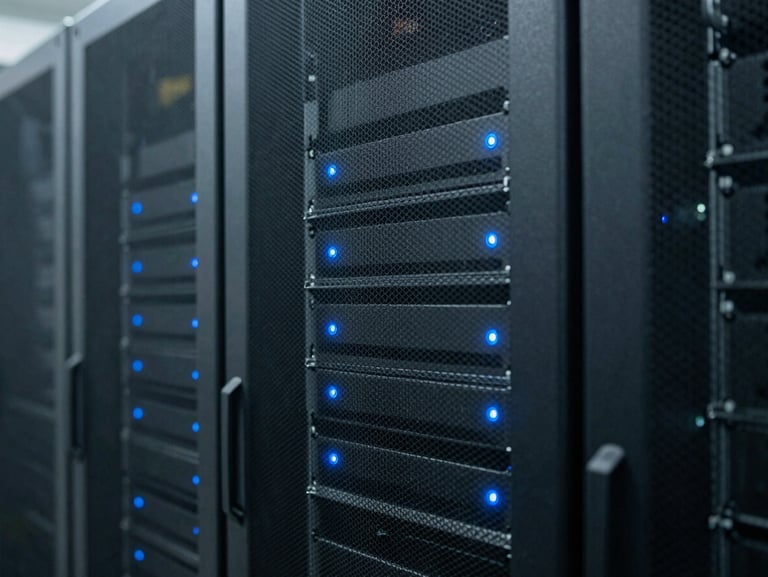 Close-up of clean server racks with soft blue indicator lights in a dark data center, shallow depth of field, 35mm