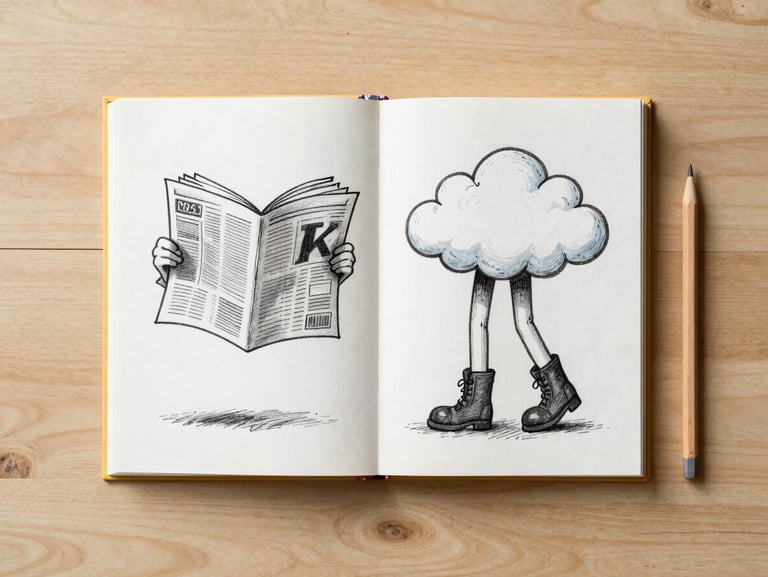 Flat-lay overhead shot on a light wooden surface: an open illustrated storybook with hand-drawn impossible images — a fish reading a newspaper, a cloud wearing boots — soft natural daylight from the upper left, no shadows obscuring the pages, a pencil resting beside the book