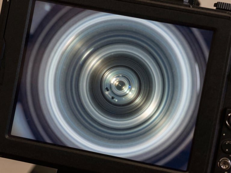 Macro shot of a high-resolution diagnostic camera screen showing a completely clear pipe interior, bright lighting.