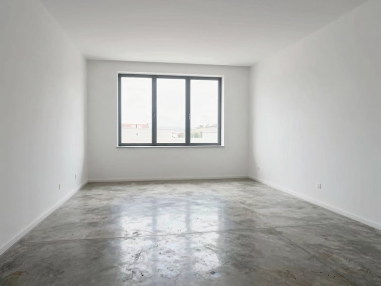 Interior living room of a modern flat in Cerdanyola del Vallès, white walls, polished concrete floor, large window with daylight, no people, no staging clutter
