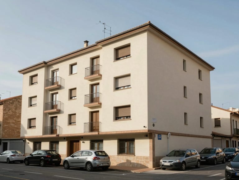 Daylight exterior of a three-storey apartment block in Sabadell, cream render facade, street-level view, parked vehicles, clear sky, no people